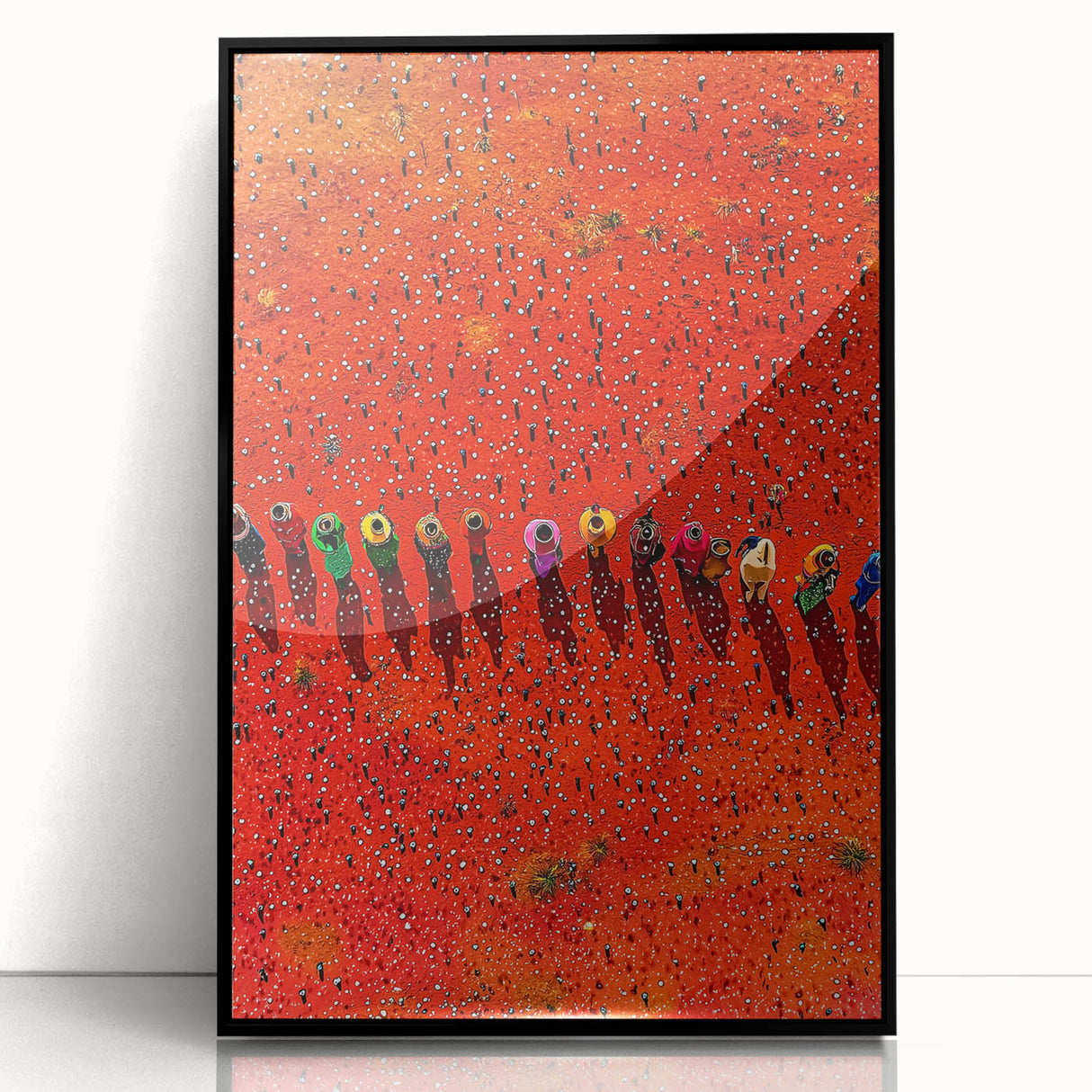 Framed acrylic artwork depicting serene landscapes with vibrant green fields and a clear blue sky, set in a sleek black frame to enhance modern decor.