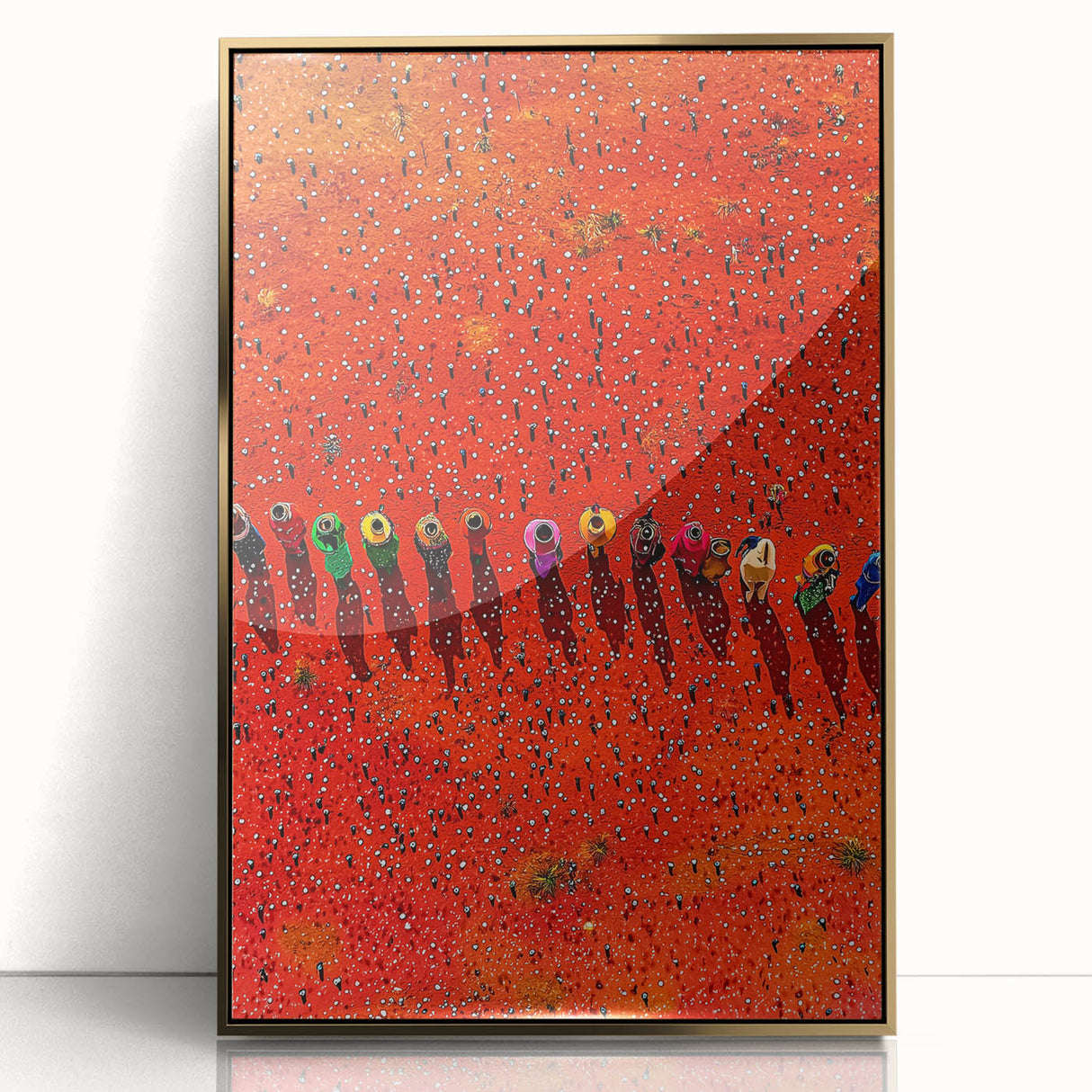 Framed acrylic artwork showcasing a vibrant landscape of golden fields under a bright blue sky, ideal for modern home decor and enhancing interior aesthetics.