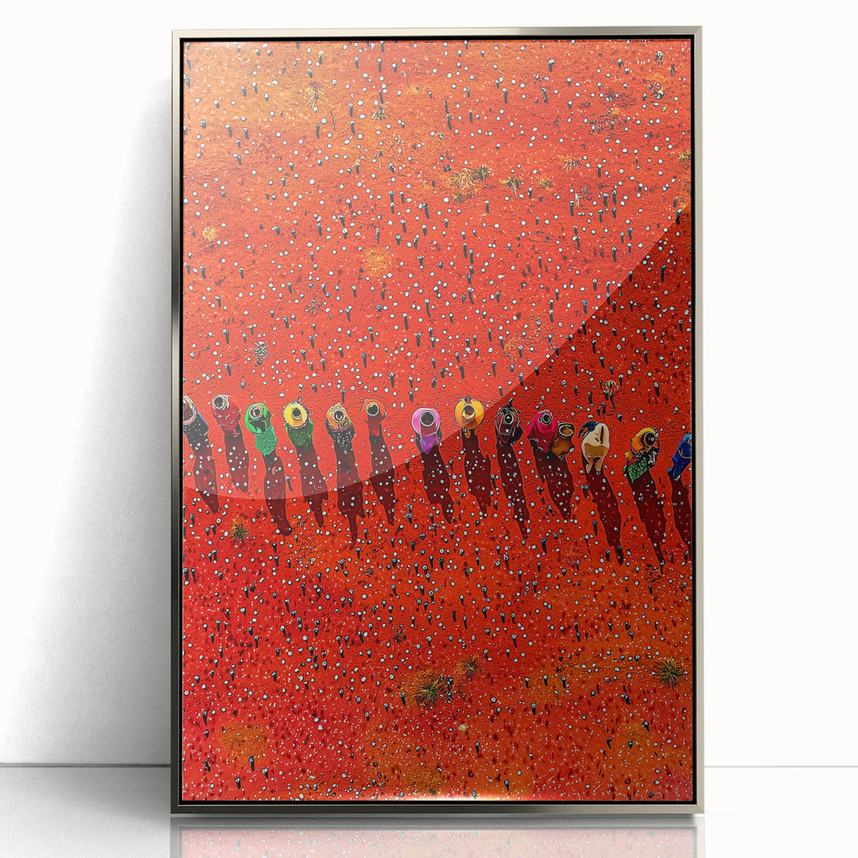 Framed acrylic artwork depicting a serene landscape of rolling green fields with a silver border, ideal for modern home decor and artistic ambiance.
