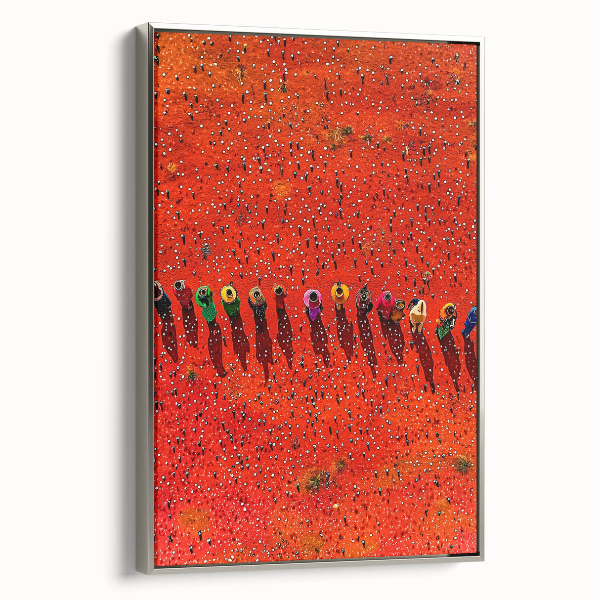 Framed canvas artwork showcasing a serene landscape with lush green fields and silver accents, placed in a modern setting, perfect for home decor enthusiasts.