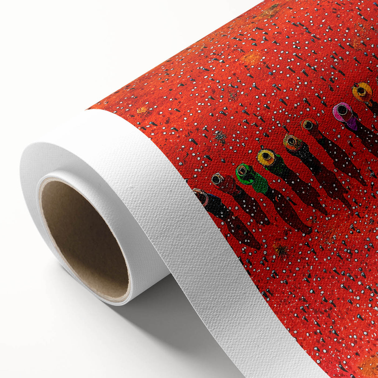 Vibrant rolled canvas depicting a serene landscape with lush green fields and a clear blue sky, elegantly packaged in a protective cardboard tube for easy display.