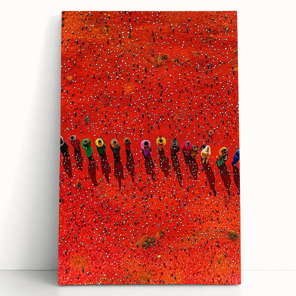 Stretched canvas artwork depicting a serene landscape with vibrant green fields under a clear blue sky, perfect for home decor or art enthusiasts.