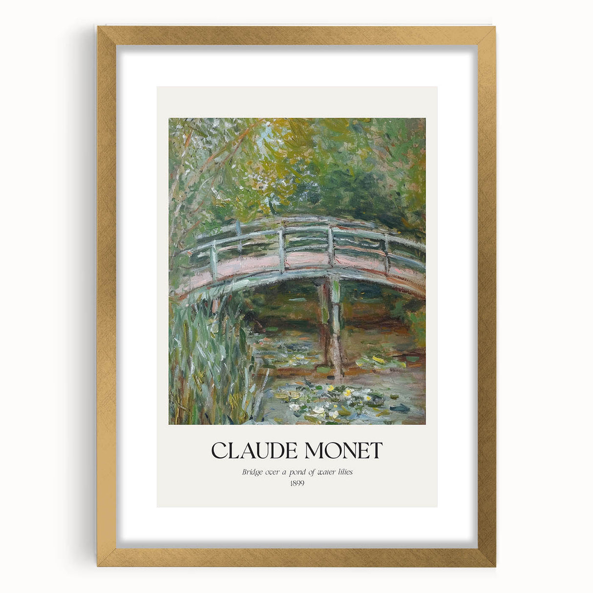 Elegant gold-framed landscape artwork with a white mat, showcasing a serene natural scene. Ideal for home decor or art collections, this piece enhances any space with its sophisticated design.