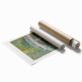 Rolled print showcasing a vibrant landscape design with rich colors and intricate details, securely packaged in a protective cardboard tube for safe shipping.