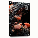 Large abstract wall art on acrylic glass featuring swirling blue and gray tones, suitable for bedroom or dining room decor.