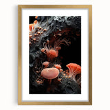 Extra large abstract art print with textured elements in gold and white, framed with a mat, ideal for living room decor.