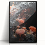 Large abstract wall art print on acrylic, featuring black and white mid-century modernist design.