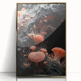 Large art print of natural close-ups in a mid-century modernist style on a framed acrylic with gold accents.