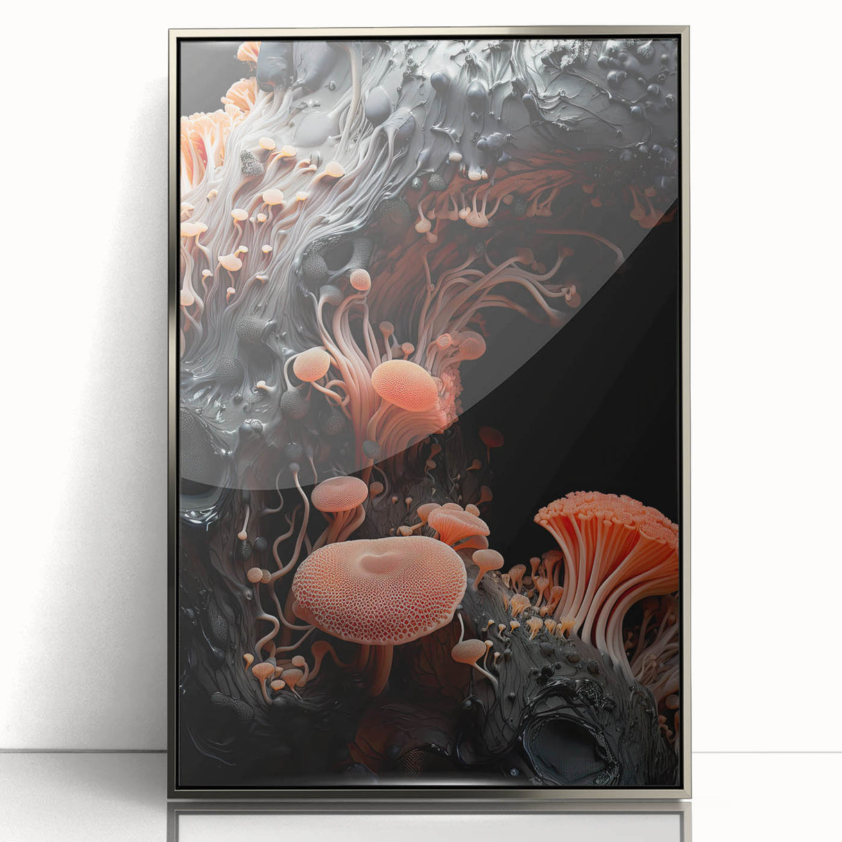 Mid-century modernist art featuring geometric shapes in muted silver tones on a framed acrylic.