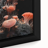 Close-up of textured black wall art featuring colorful abstract elements on a framed canvas.