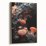 Framed canvas landscape painting featuring black vintage poster art with natural elements, ideal for bedroom wall decor.