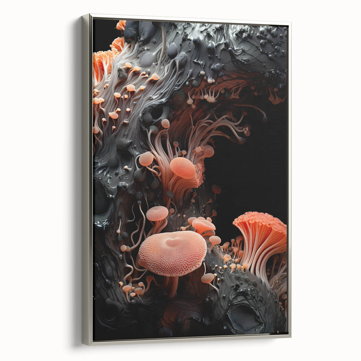 Landscape art painting on framed canvas featuring a close-up of natural elements in silver, black, and colorful tones.