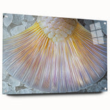 Large abstract wall art featuring close-ups of nature elements in muted greens and browns on acrylic glass.