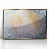 Large acrylic print of close-up nature elements in gold hues, framed, in mid-century modernist style.