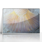 Art deco poster featuring a close-up of natural elements in muted green and white tones, framed in acrylic.