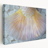 Close-up image of dew-covered leaves on a stretched canvas, featuring vivid green and blue tones, ideal for kitchen wall art.