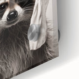 Towel-Wrapped Raccoon Bathroom Wall Art - Black and White Decor