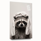 Towel-Wrapped Raccoon Bathroom Wall Art - Black and White Decor