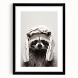 Towel-Wrapped Raccoon Bathroom Wall Art - Black and White Decor