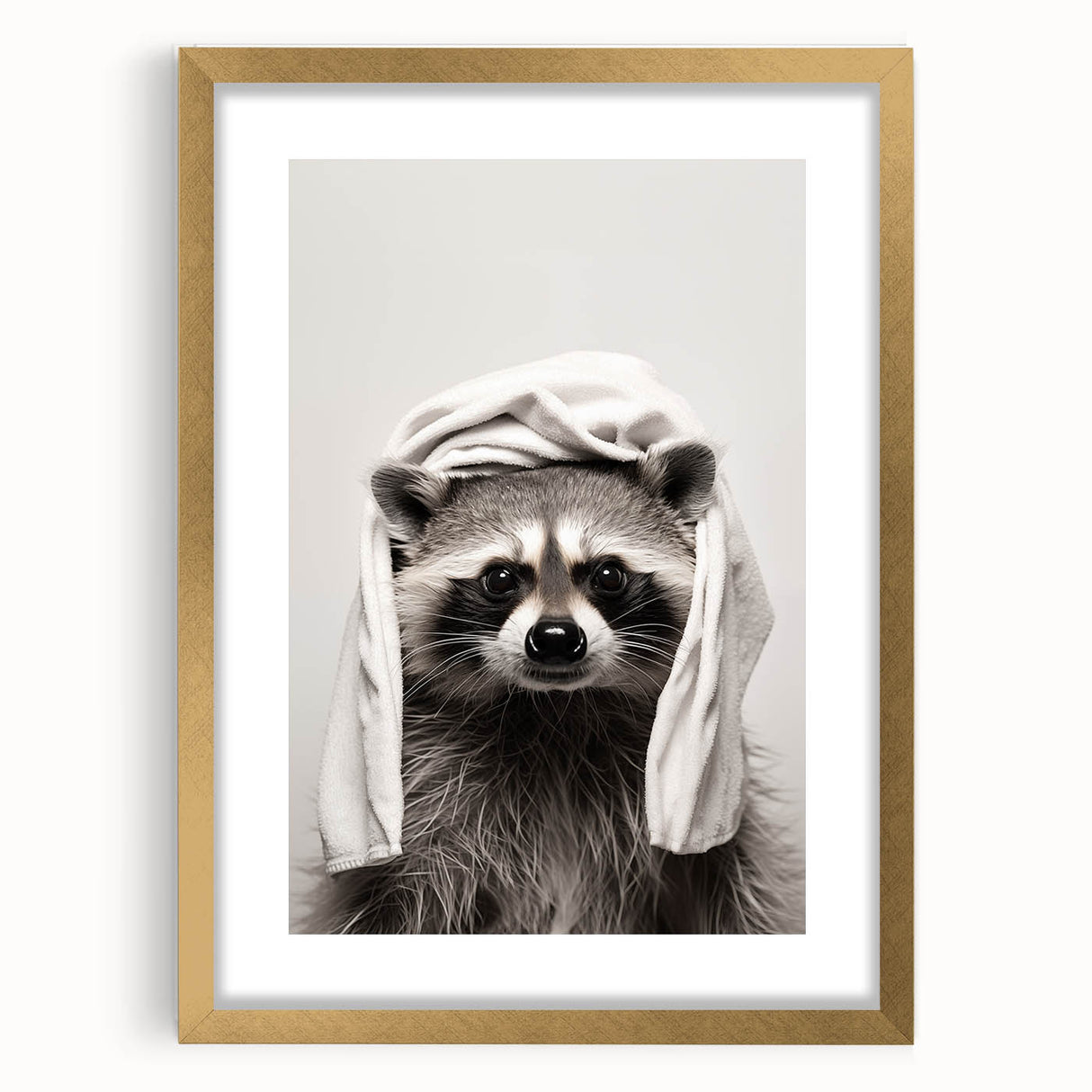 Towel-Wrapped Raccoon Bathroom Wall Art - Black and White Decor