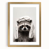 Towel-Wrapped Raccoon Bathroom Wall Art - Black and White Decor