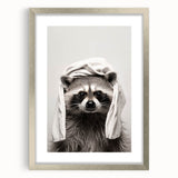 Towel-Wrapped Raccoon Bathroom Wall Art - Black and White Decor