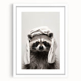 Towel-Wrapped Raccoon Bathroom Wall Art - Black and White Decor