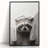 Towel-Wrapped Raccoon Bathroom Wall Art - Black and White Decor