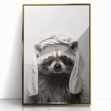 Towel-Wrapped Raccoon Bathroom Wall Art - Black and White Decor