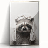 Towel-Wrapped Raccoon Bathroom Wall Art - Black and White Decor