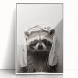 Towel-Wrapped Raccoon Bathroom Wall Art - Black and White Decor