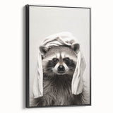 Towel-Wrapped Raccoon Bathroom Wall Art - Black and White Decor