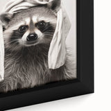 Towel-Wrapped Raccoon Bathroom Wall Art - Black and White Decor