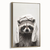 Towel-Wrapped Raccoon Bathroom Wall Art - Black and White Decor