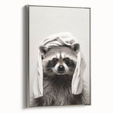 Towel-Wrapped Raccoon Bathroom Wall Art - Black and White Decor