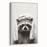 Towel-Wrapped Raccoon Bathroom Wall Art - Black and White Decor
