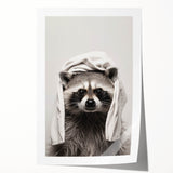 Towel-Wrapped Raccoon Bathroom Wall Art - Black and White Decor