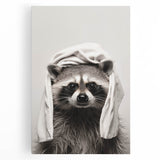 Towel-Wrapped Raccoon Bathroom Wall Art - Black and White Decor