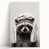 Towel-Wrapped Raccoon Bathroom Wall Art - Black and White Decor