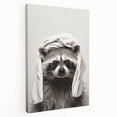 Towel-Wrapped Raccoon Bathroom Wall Art - Black and White Decor