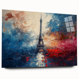 Large abstract acrylic print of the Paris skyline in muted gray and blue tones, ideal for bedroom or dining room art.