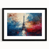 Colorful abstract art print of Paris scenery in vibrant hues on a large framed canvas, suited for living room decor.