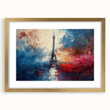 Abstract art print of Paris scenery in gold frame, featuring soft gray and blue tones, ideal for dining room decor.