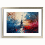 Extra large abstract art print of Paris scenery in muted gray and blue tones on a framed canvas, ideal for living room decor.