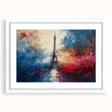 Textured art print of abstract Paris scene in muted gray and blue tones, framed with white mat, ideal for bedroom art.