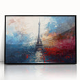 Large abstract wall art of Paris scenery in black acrylic frame, featuring mid-century modernist style.