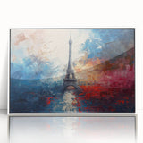 Mid-century modernist art of Paris scenery in muted colors on framed acrylic, ideal for nursery wall art.