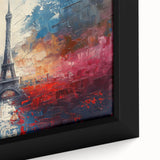 Extra large black wall art on canvas featuring a colorful, textured Paris scenery, ideal for living room decor.