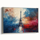 Framed landscape art painting of Paris with a vintage poster style on silver canvas, featuring black and colorful art tones.
