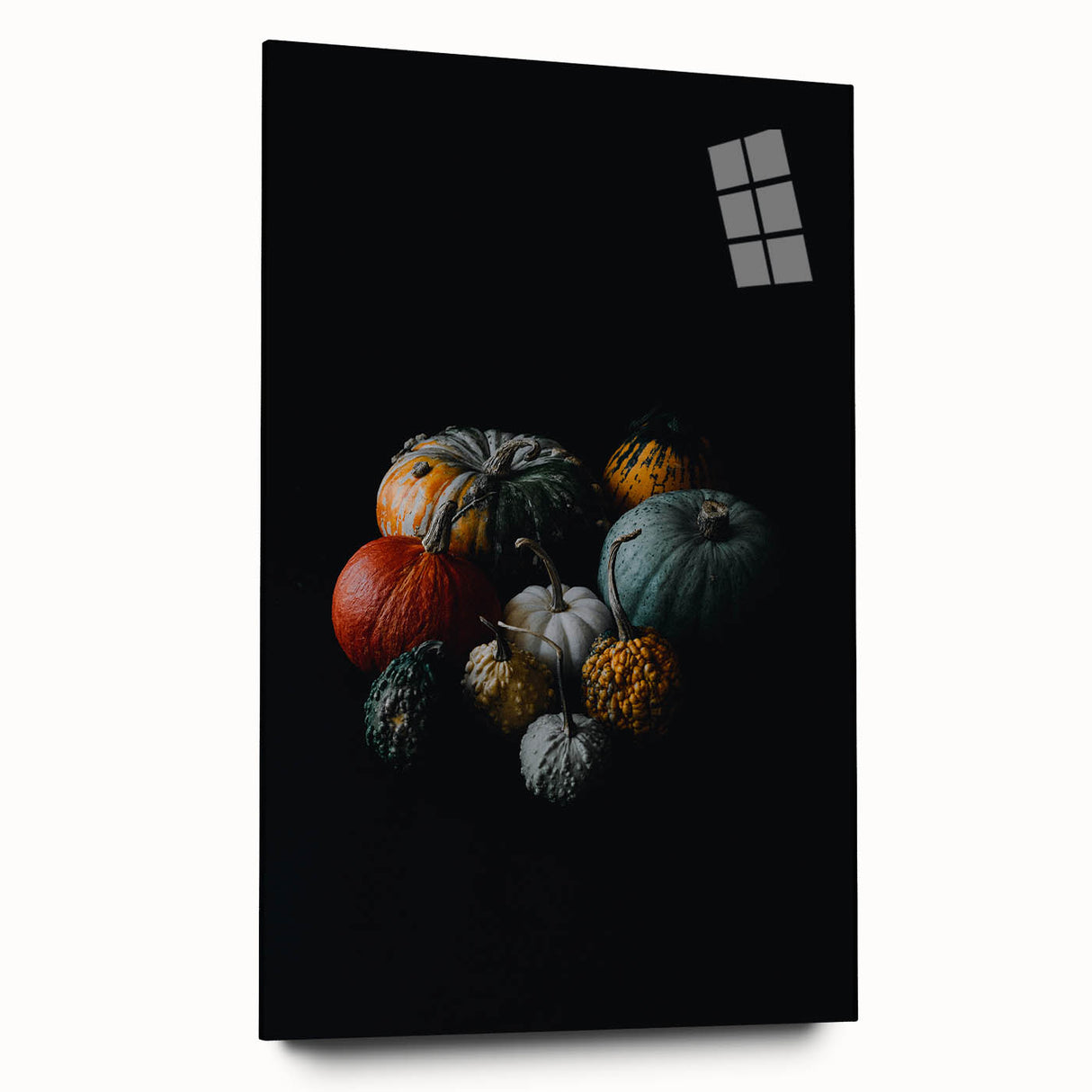 Large abstract wall art in warm autumn hues on acrylic glass, suitable for bedroom or dining room decor.